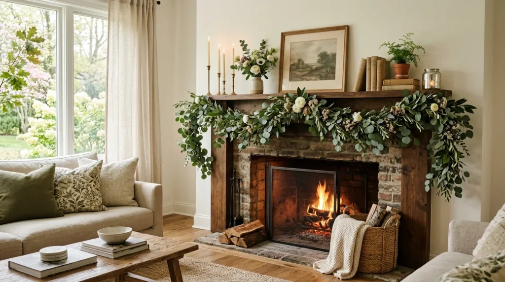 greenery spring mantel decor eucalyptus garlands cozy natural living room