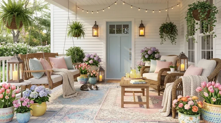 Inviting spring porch decorated with flowers, cozy seating, lanterns, and pastel spring decor