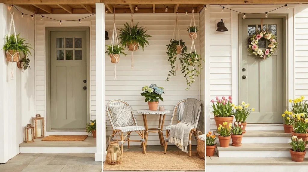 Small spring porch makeover with compact seating and hanging plants