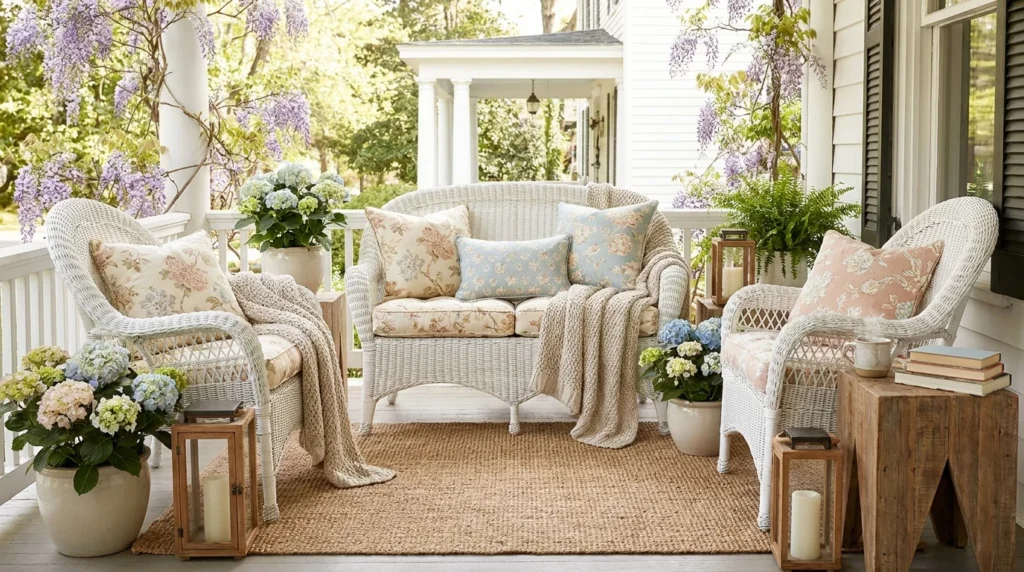 Spring porch with wicker furniture, floral cushions, and cozy seating