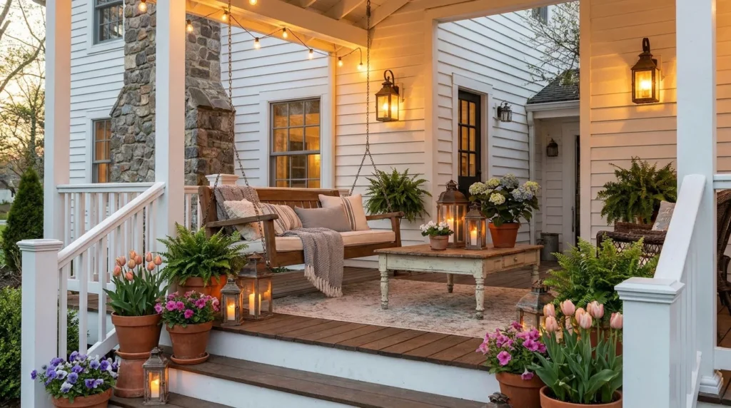 Spring porch decorated with lanterns, flowers, and warm outdoor lighting