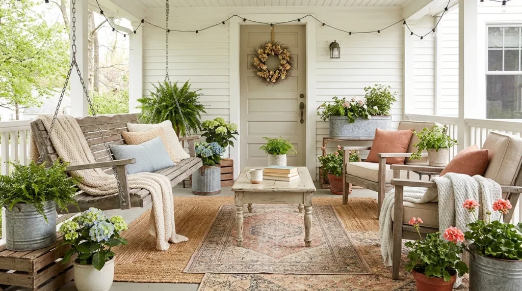 Spring porch with layered rugs and cozy farmhouse outdoor decor
