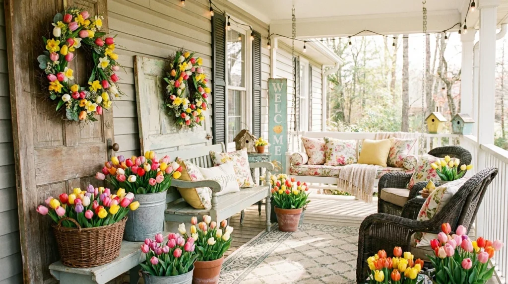 Spring porch decorated with colorful tulips and floral wreaths