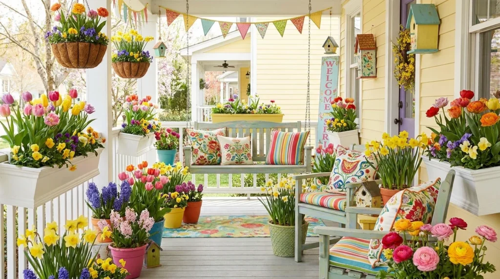 Bright colorful spring porch with vibrant flowers and cheerful decor