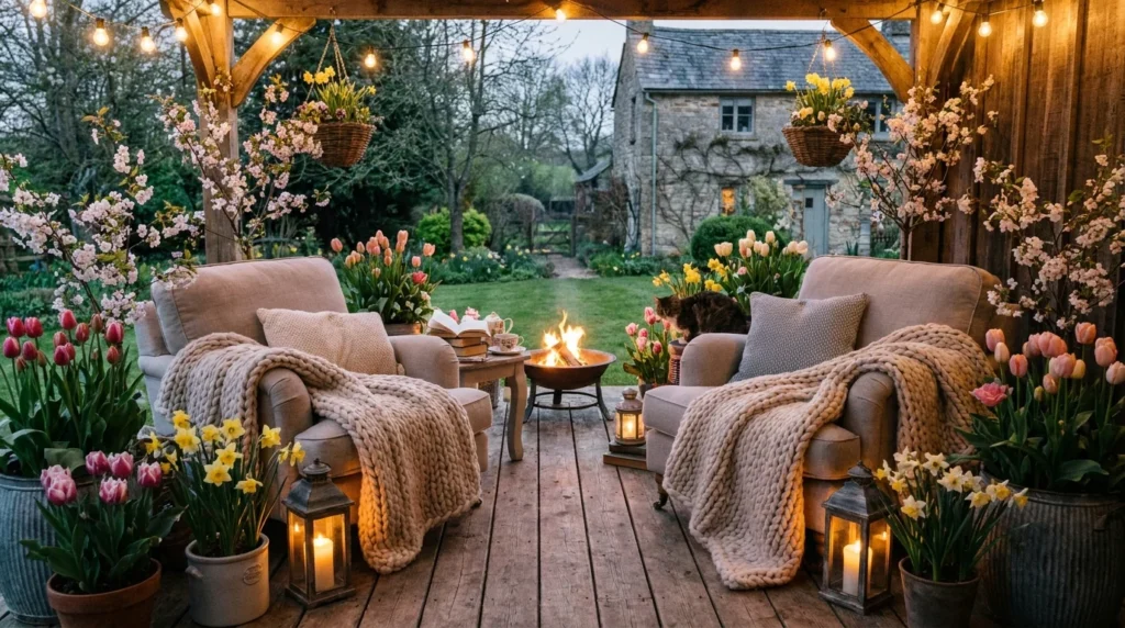 Relaxing spring reading porch with cozy chairs, flowers, and warm lighting