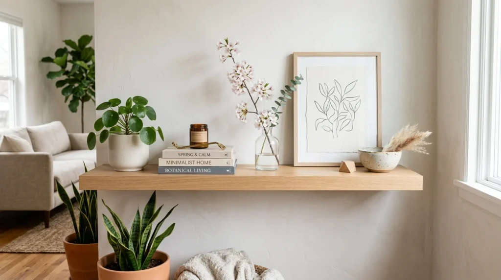 minimal spring shelf styling plants neutral chic home decor aesthetic