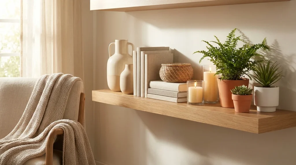 spring shelf styling ideas candles plants cozy aesthetic decor