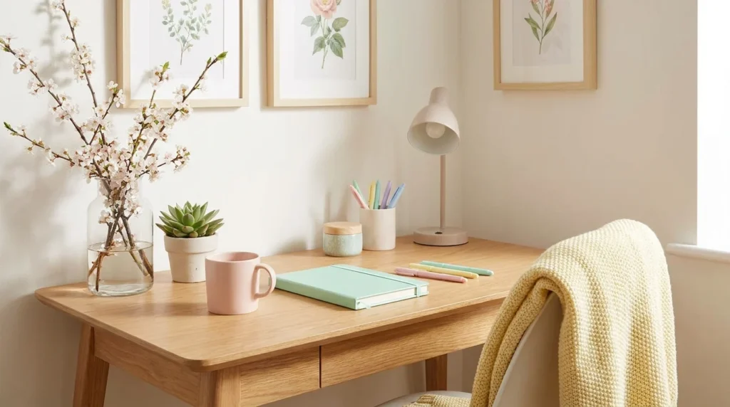 fresh spring workspace decor pastel accessories cozy desk aesthetic