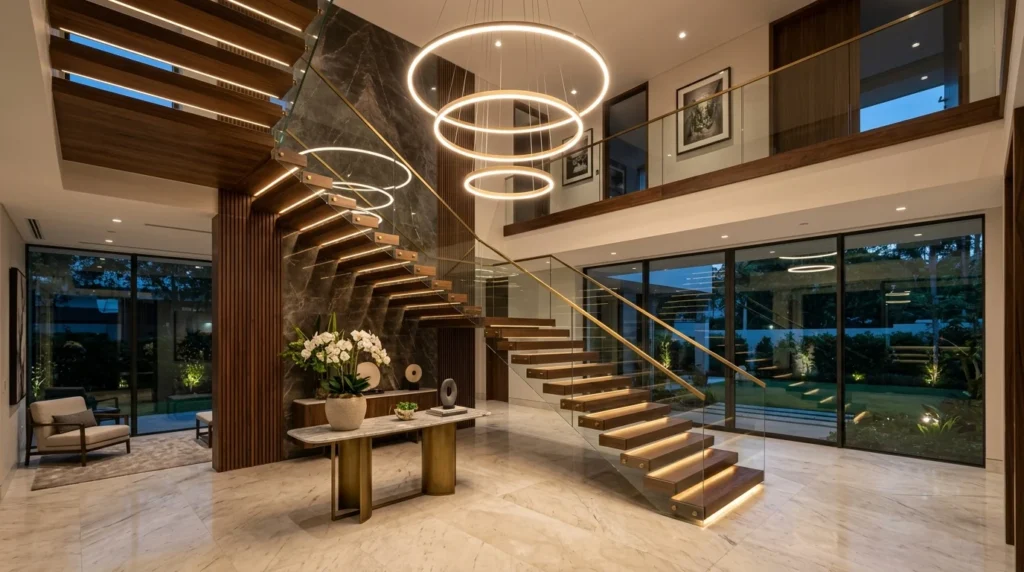 Luxury staircase entryway with circular LED lighting and floating stairs