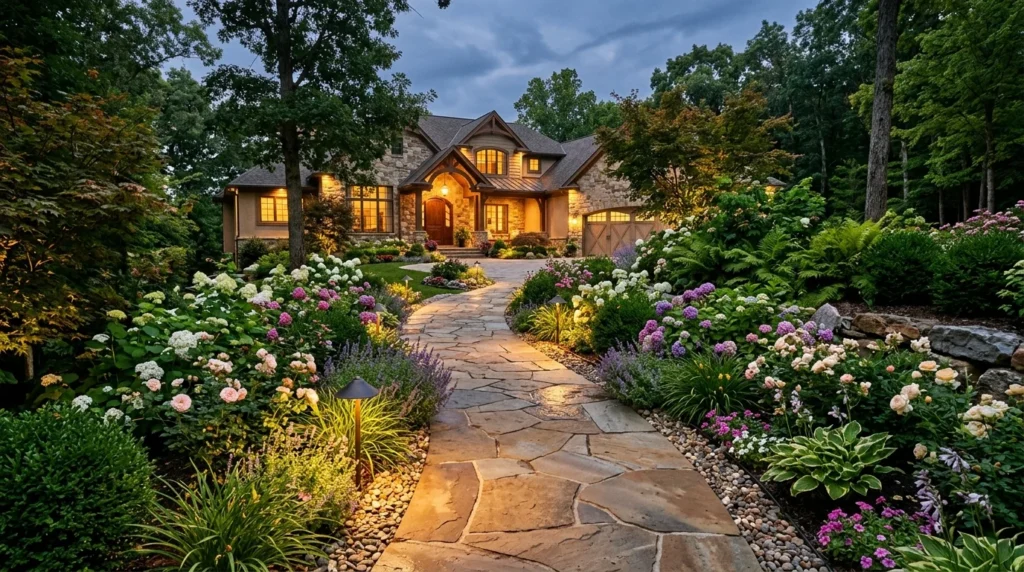 Natural stone driveway path with flowers and warm outdoor lighting