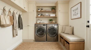 Modern mudroom laundry combo with storage cabinets, bench seating, and organized small-space layout