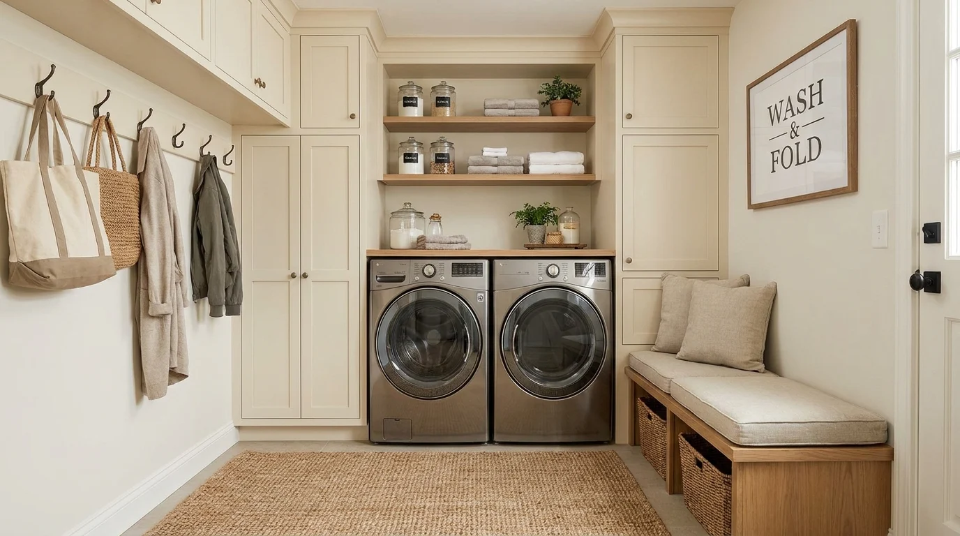 Modern mudroom laundry combo with storage cabinets, bench seating, and organized small-space layout