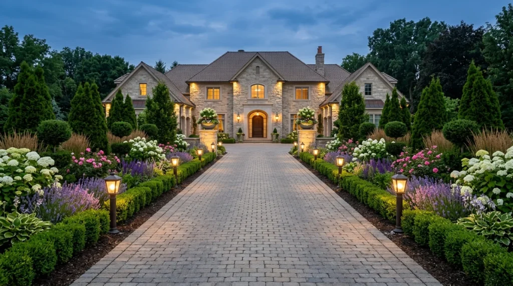 Symmetrical driveway landscaping with matching greenery and lighting
