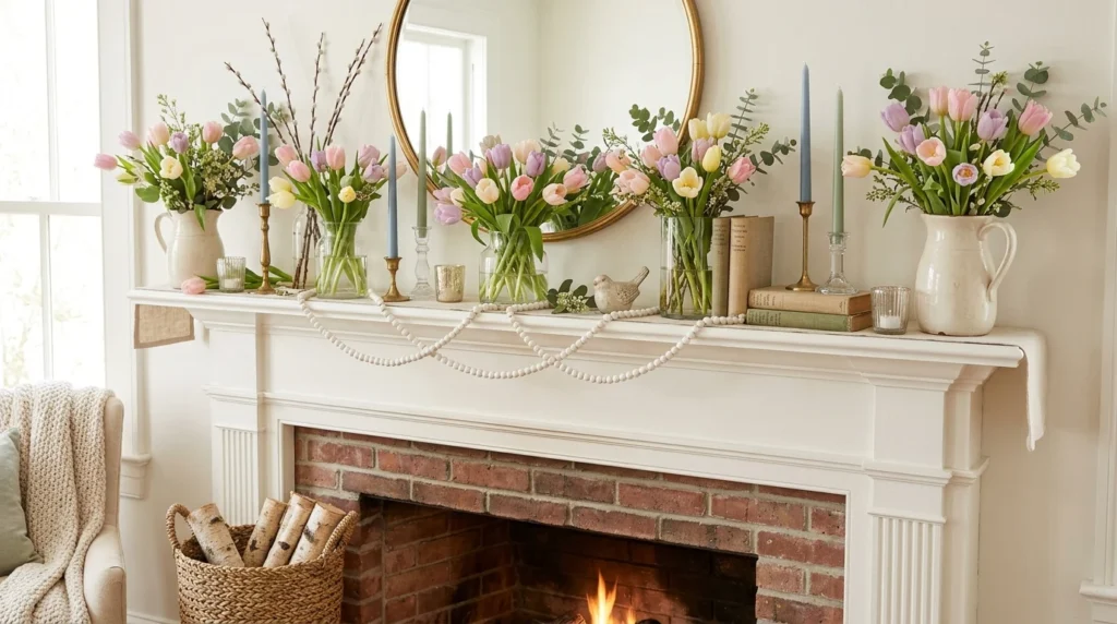 tulip spring mantel decor pastel flowers elegant cozy fireplace aesthetic