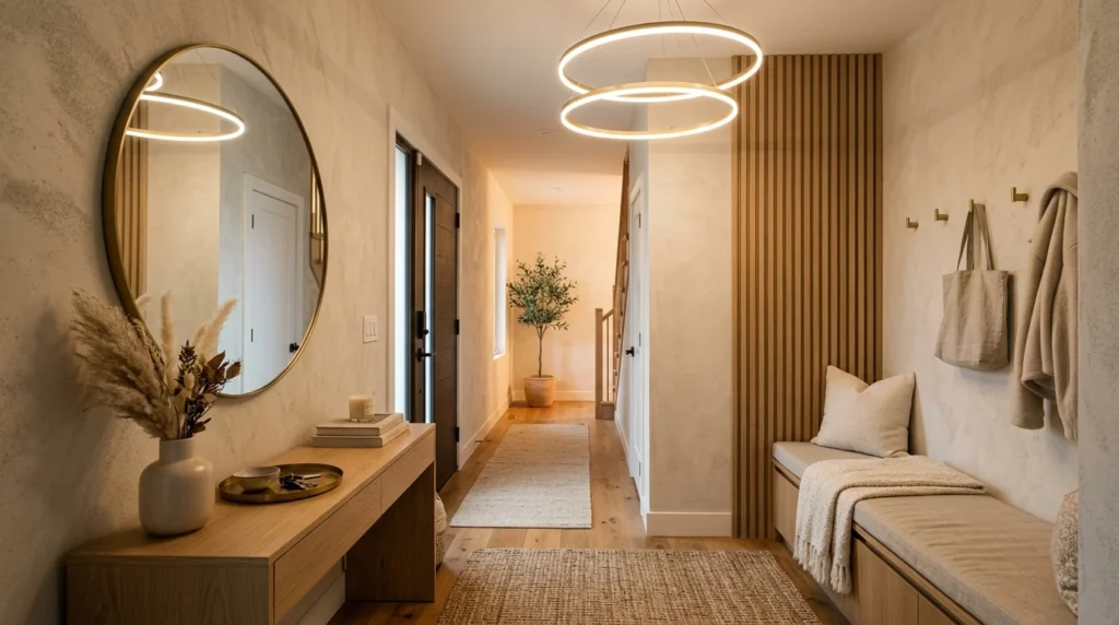 Warm ambient entryway with circular LED lighting and cozy modern interior
