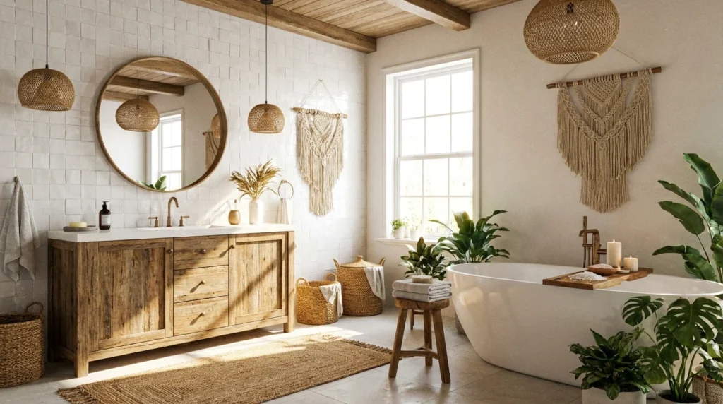 White boho bathroom with wooden accents, greenery, and woven decor