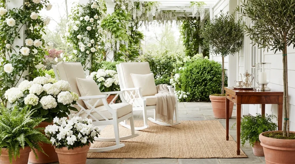 Elegant white spring porch with rocking chairs and fresh flowers