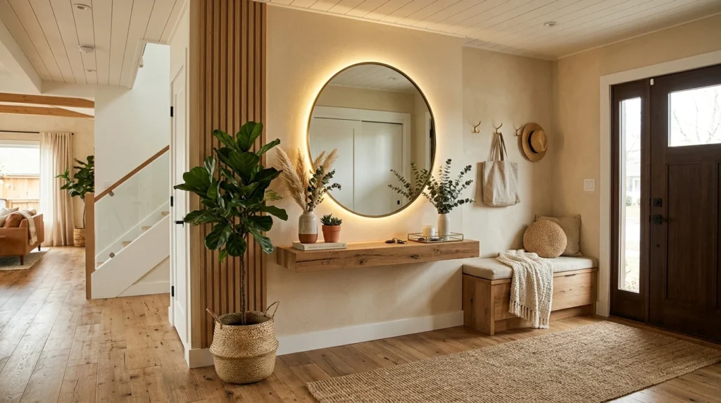 Warm wood entryway with circular LED mirror and cozy neutral decor