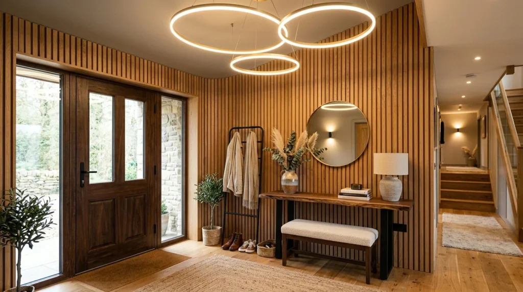 Wooden entryway with circular LED rings and warm modern lighting