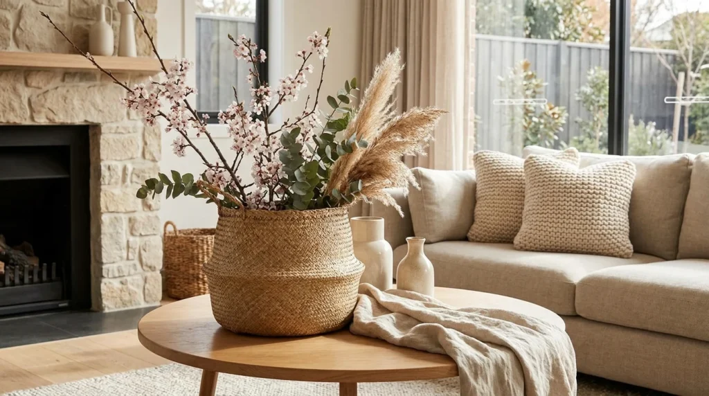 woven basket spring decor natural textures cozy home aesthetic