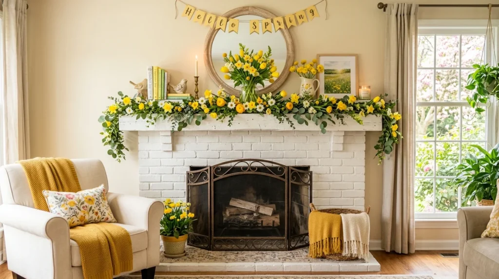 bright yellow spring mantel decor cheerful flowers cozy living room