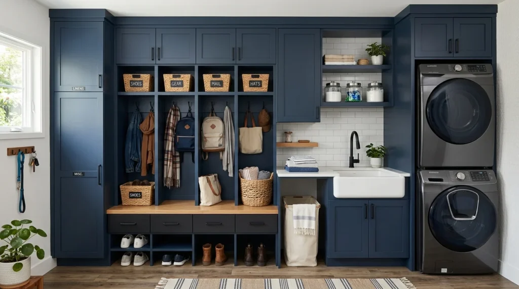 built in mudroom laundry storage cabinets organized washer dryer space