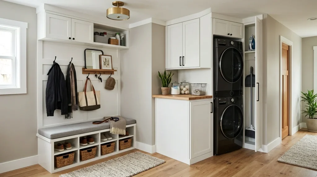 corner mudroom laundry combo compact layout smart storage design