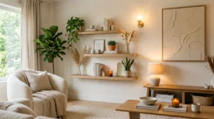 DIY home aesthetic projects featuring cozy decor, floating shelves, warm lighting, and modern interiors