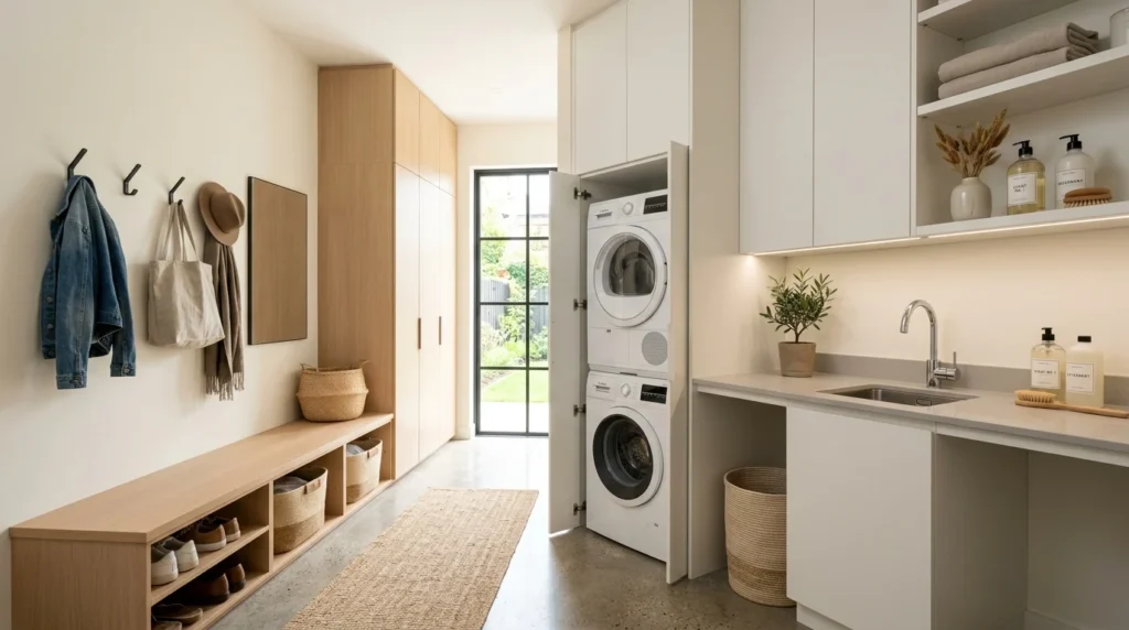 modern minimal mudroom laundry combo clean lines neutral tones sleek design