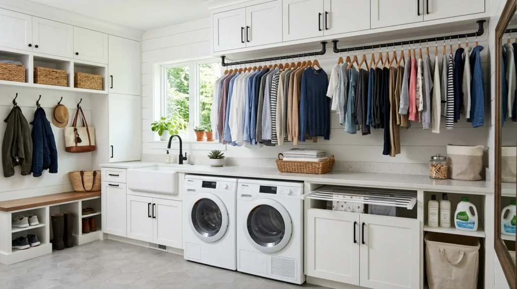 mudroom laundry combo hanging rods clothes drying organized space