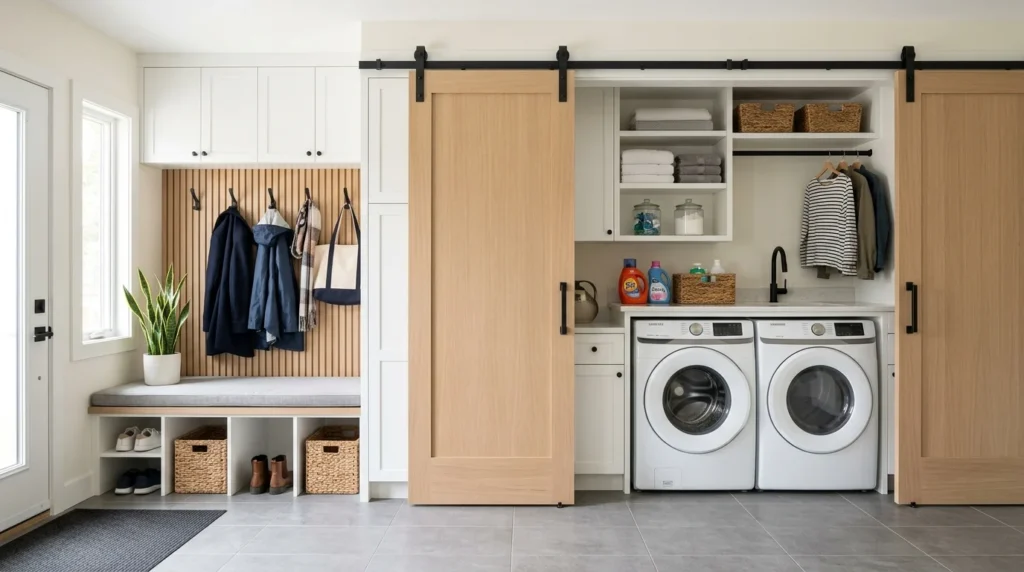 mudroom laundry combo sliding doors hidden washer dryer modern space