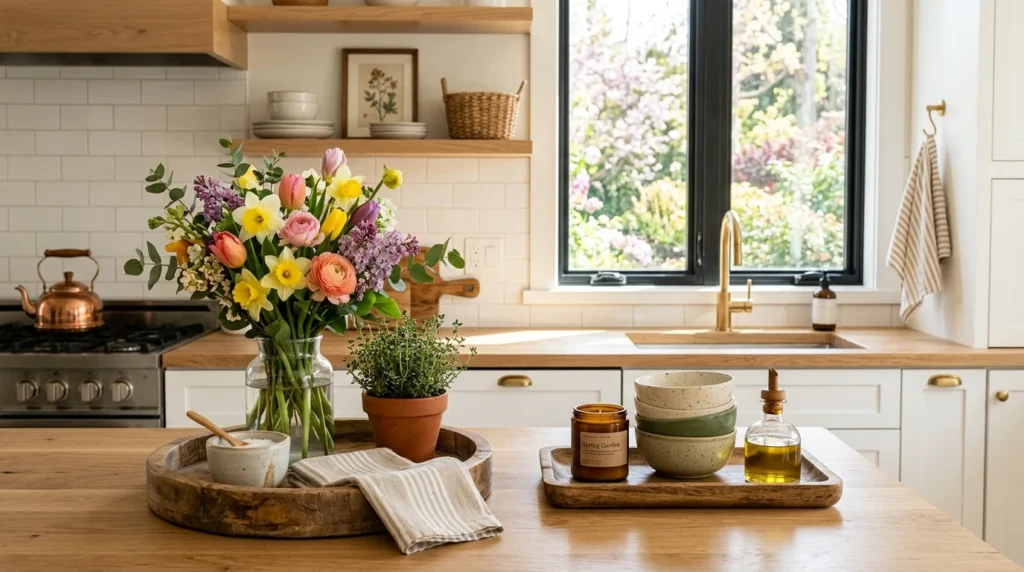 spring kitchen counter styling fresh flowers modern cozy decor