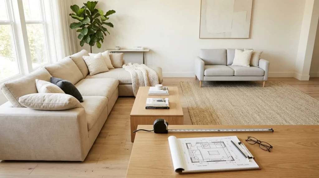 Living room showing oversized and undersized sofa sizing mistakes before choosing the right sofa