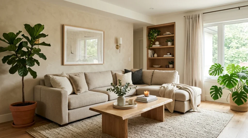 Modern living room with a textured accent wall and neutral furnishings.