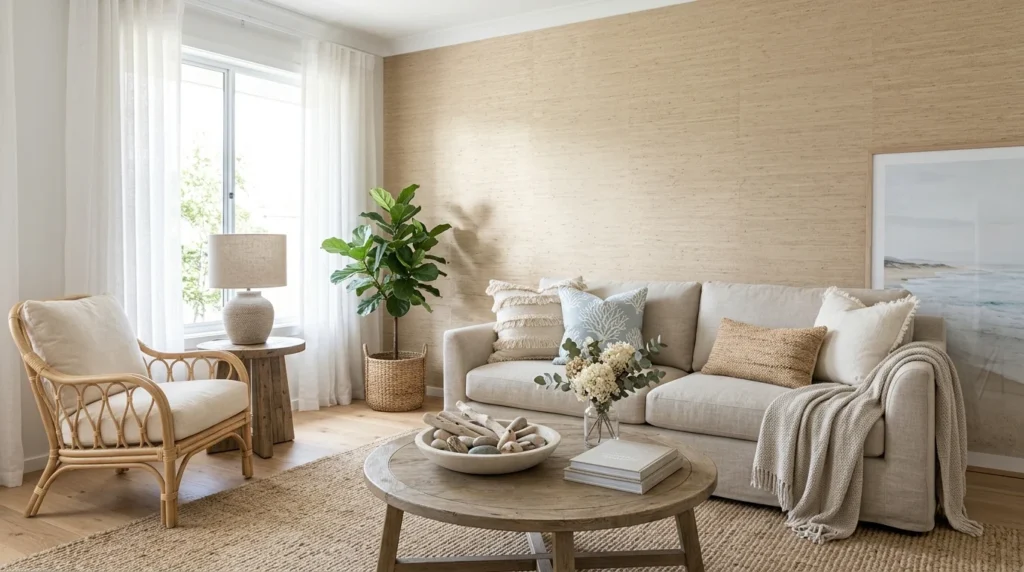 Living room featuring a grasscloth wallpaper accent wall with organic textures.