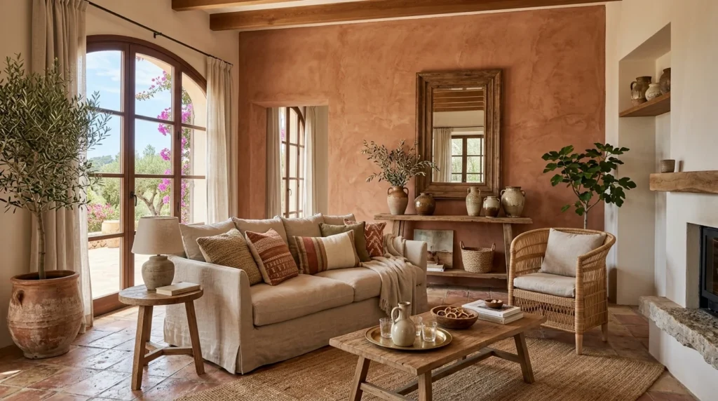 Living room with a warm terracotta plaster accent wall and natural decor.