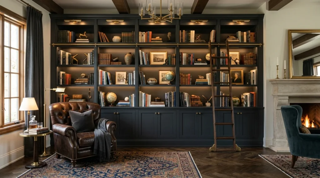 Living room with a dramatic floor-to-ceiling bookshelf accent wall.