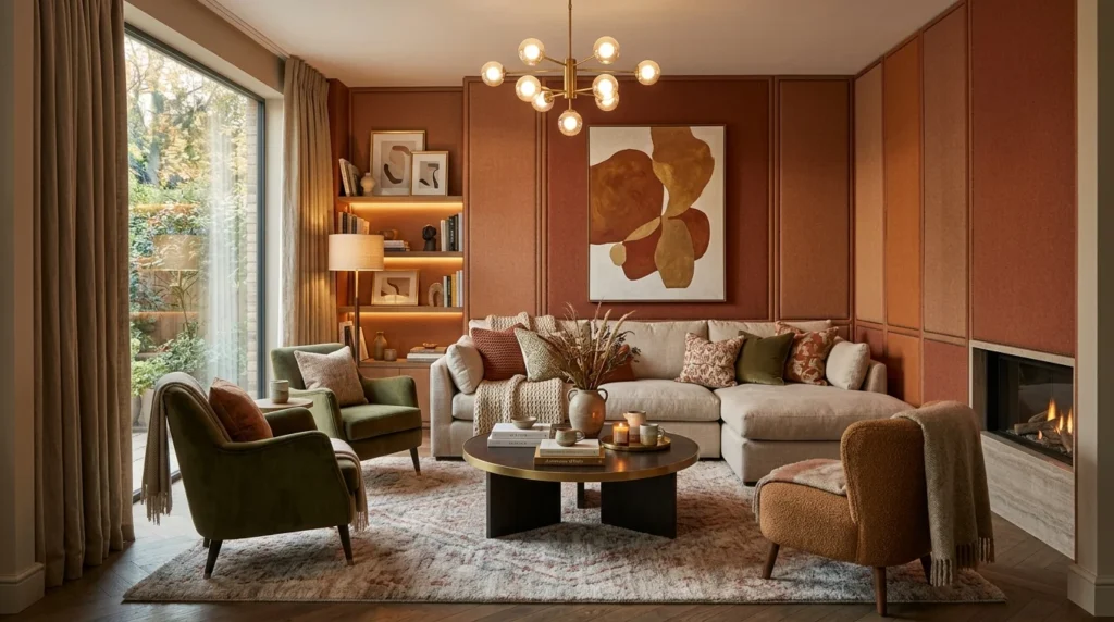 Living room featuring upholstered fabric wall panels for added texture.