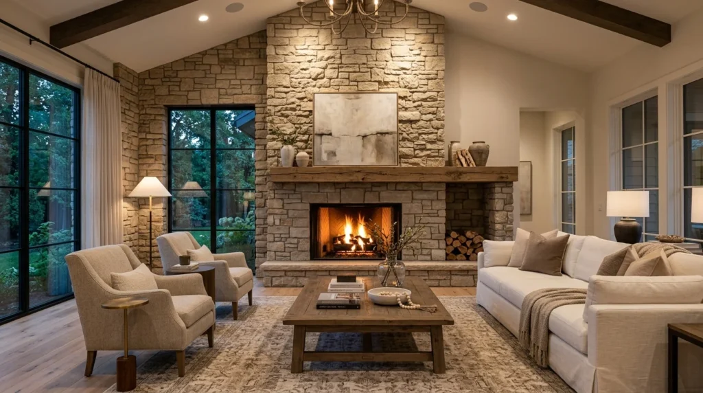 Living room with a natural stone accent wall surrounding a fireplace.
