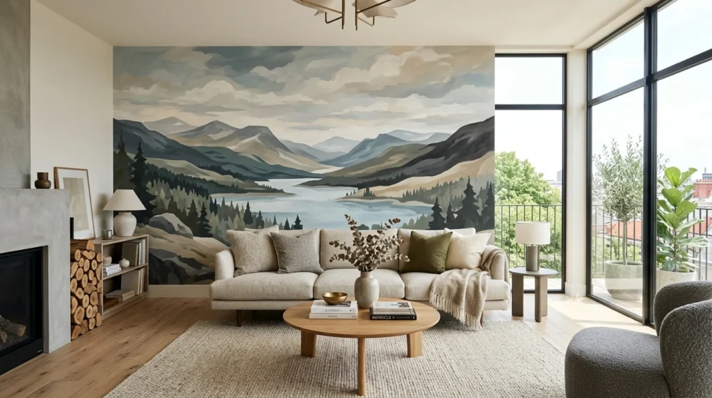 Living room featuring a large mural accent wall as a focal point.