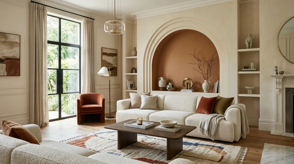 Living room featuring a decorative arched accent wall design.