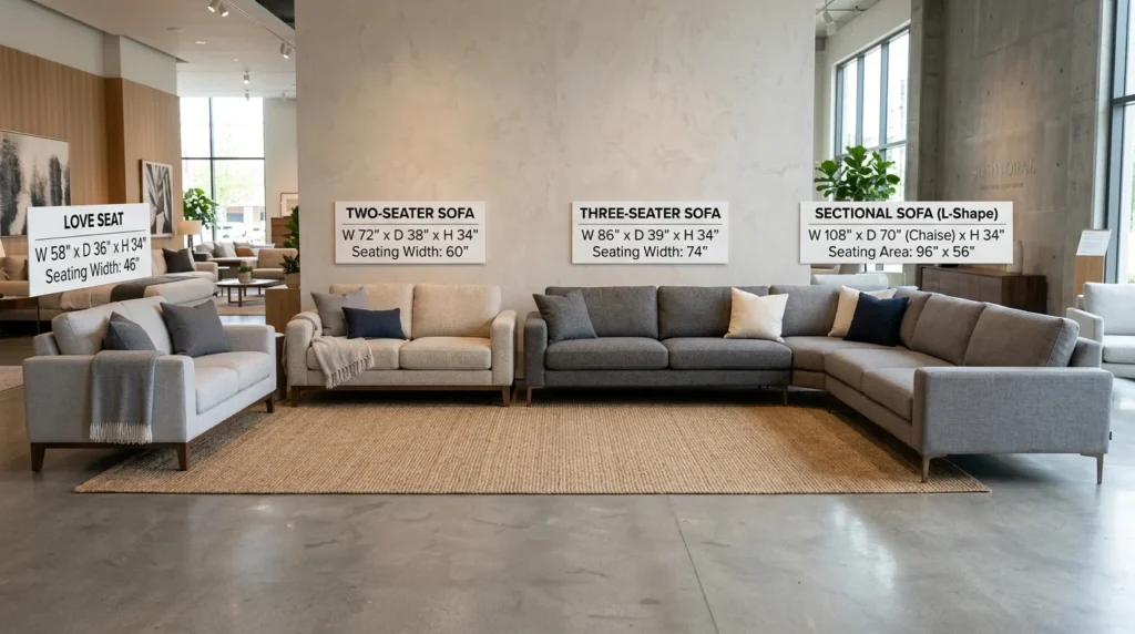 Comparison of loveseat, two-seater, three-seater and sectional sofa dimensions