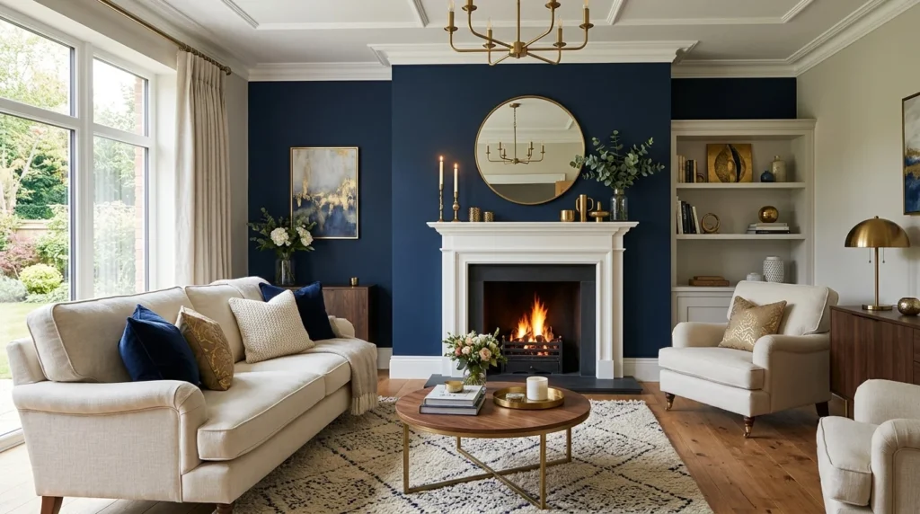 Living room featuring a deep navy blue fireplace accent wall with neutral furniture.