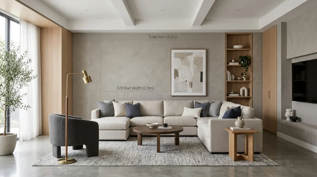 Living room demonstrating the two-thirds rule for choosing sofa size
