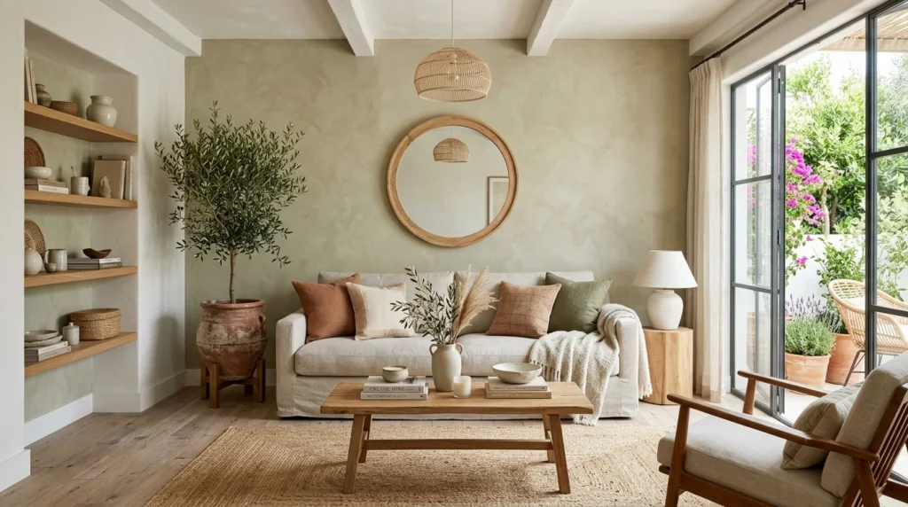 Living room with a textured limewash accent wall in a soft earthy color.