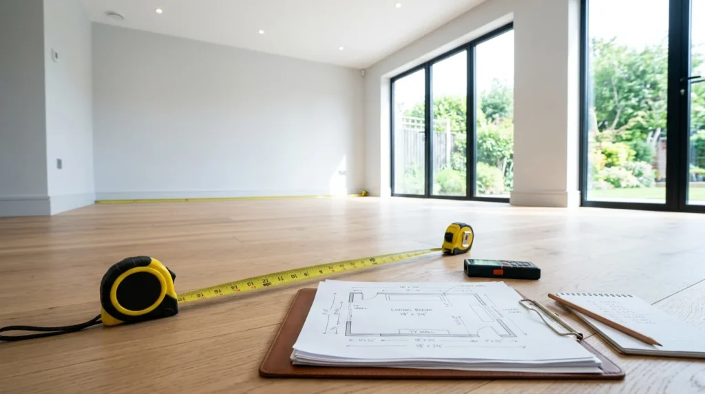 Person measuring living room dimensions before buying a sofa