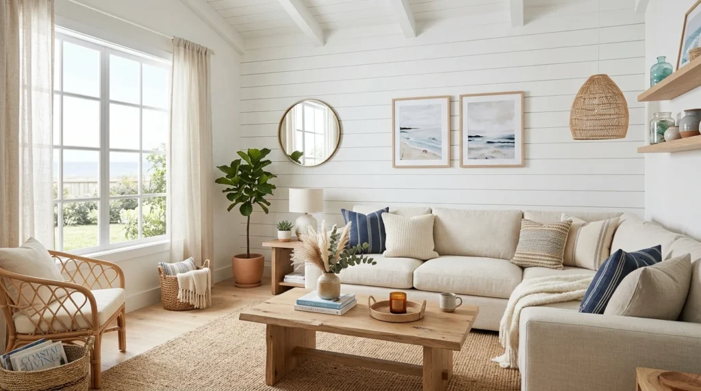 Living room with a white shiplap accent wall and comfortable seating.