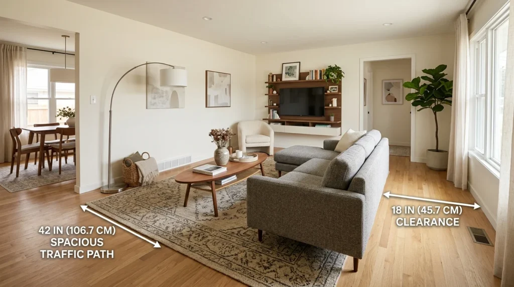 Living room showing proper traffic flow clearance around a sofa