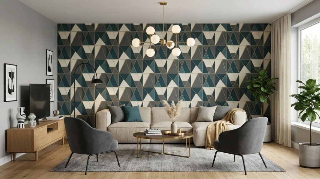 Living room featuring a geometric wallpaper accent wall with modern furnishings.