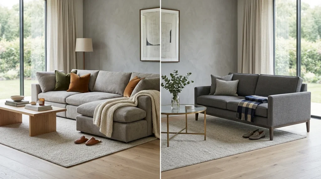 Comparison of deep and shallow sofa depth in a living room